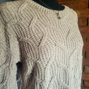 Pink Rose Cropped Heathered Gray Chenille Patterned Long Sleeve Sweater - Size S